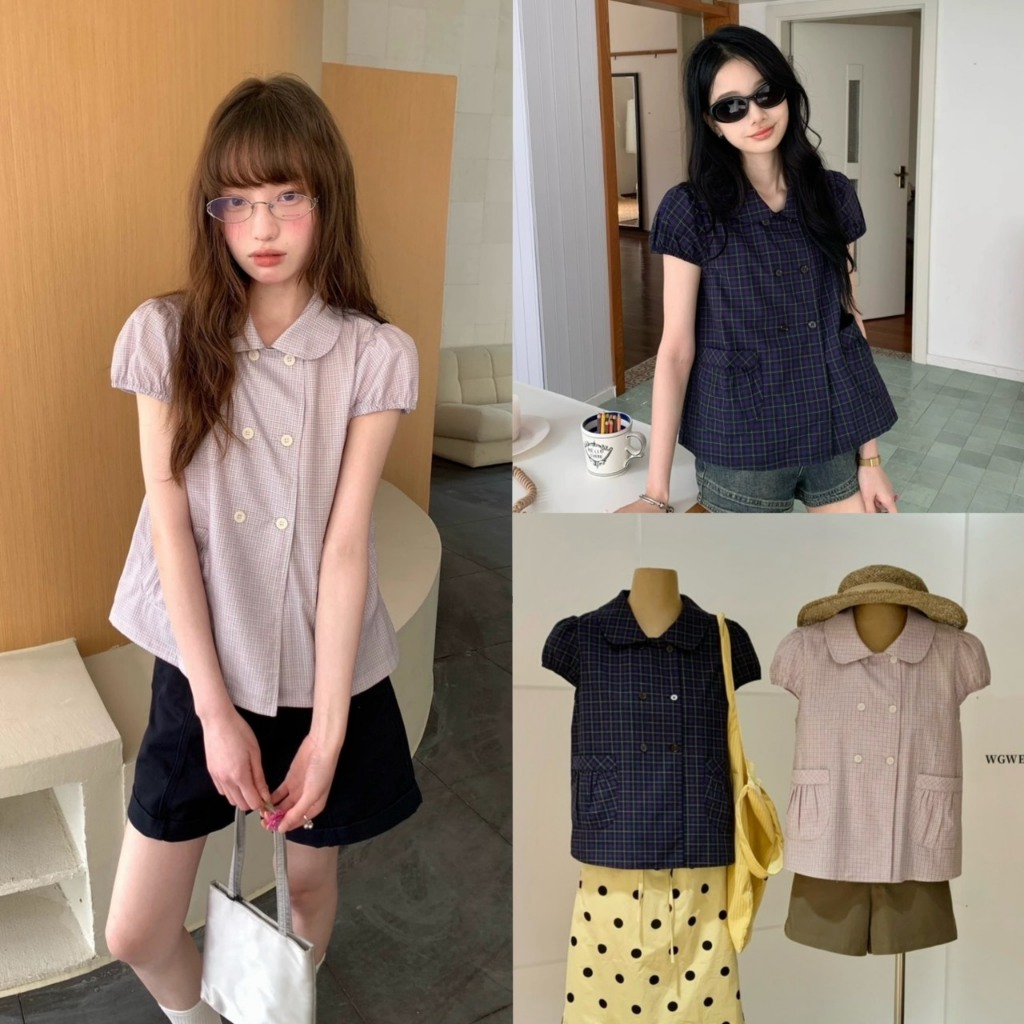 เสื้อคอปกลายสก๊อตมีกระเป๋าด้านหน้า - 10264 TAG WG.WE 🇰🇷