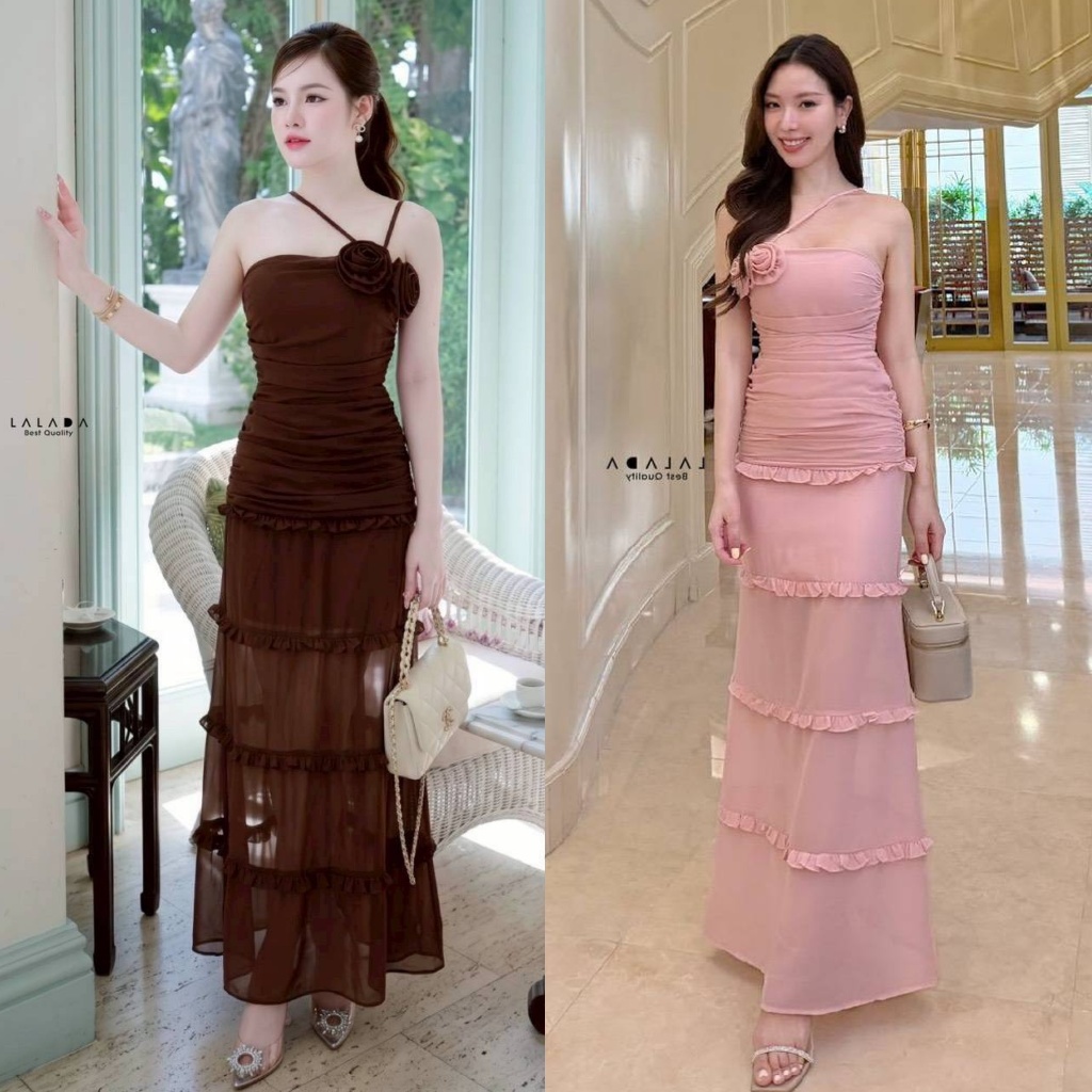 ร้านโค้ดคุ้ม LALADA เดรสออกงาน สีชมพูละมุน แต่งดอกกุหลาบ ใส่ไปเที่ยว ไปคาเฟ่ ออกงาน งานแต่ง