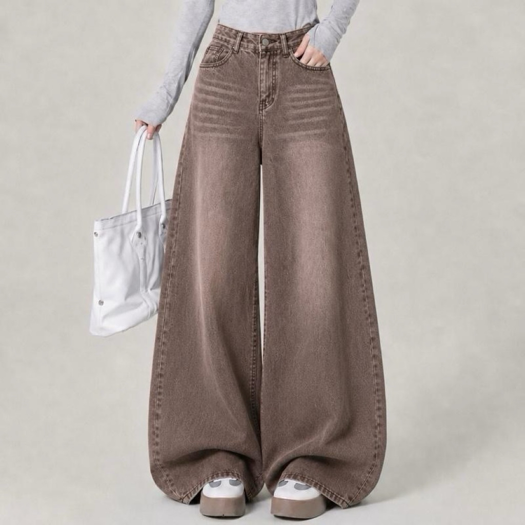 JINJEANS-328 | (XS-6XL) กางเกงยีนส์ขากระบอกใหญ่ baggy jeans สีน้ำตาลวินเทจ