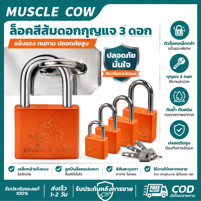 MUSCLE COW ล็อคสีส้ม 3 ดอกกุญแจ แกนล็อคทองเหลือง ไม่เป็นสนิม แข็งแรง ป้องกันขโมย ใช้ล็อคประตูและตู้