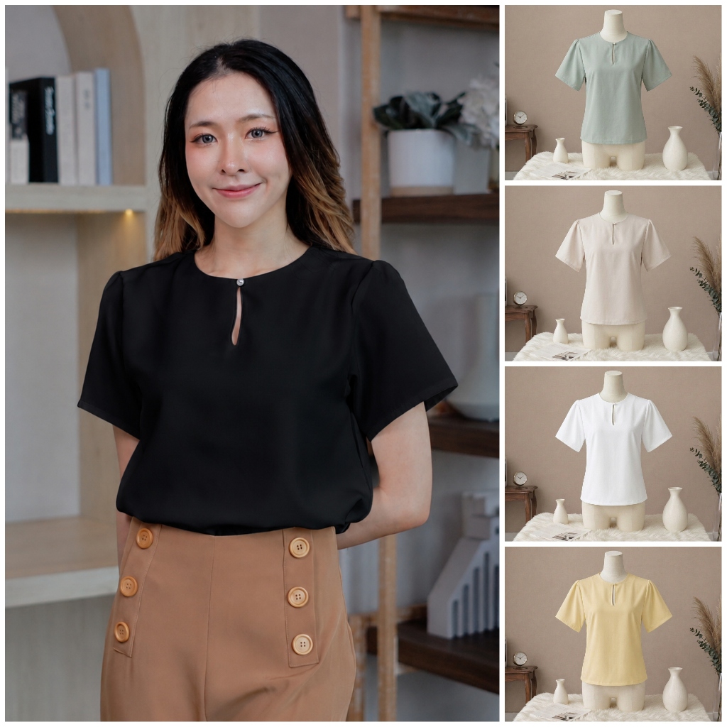 E06 เสื้อแขนสั้น ชุดทำงานผู้หญิง แต่งกระดุมมุกช่วงคอ เสื้อยืด แฟชั่น มินิมอล เรียบหรู Easter Egg
