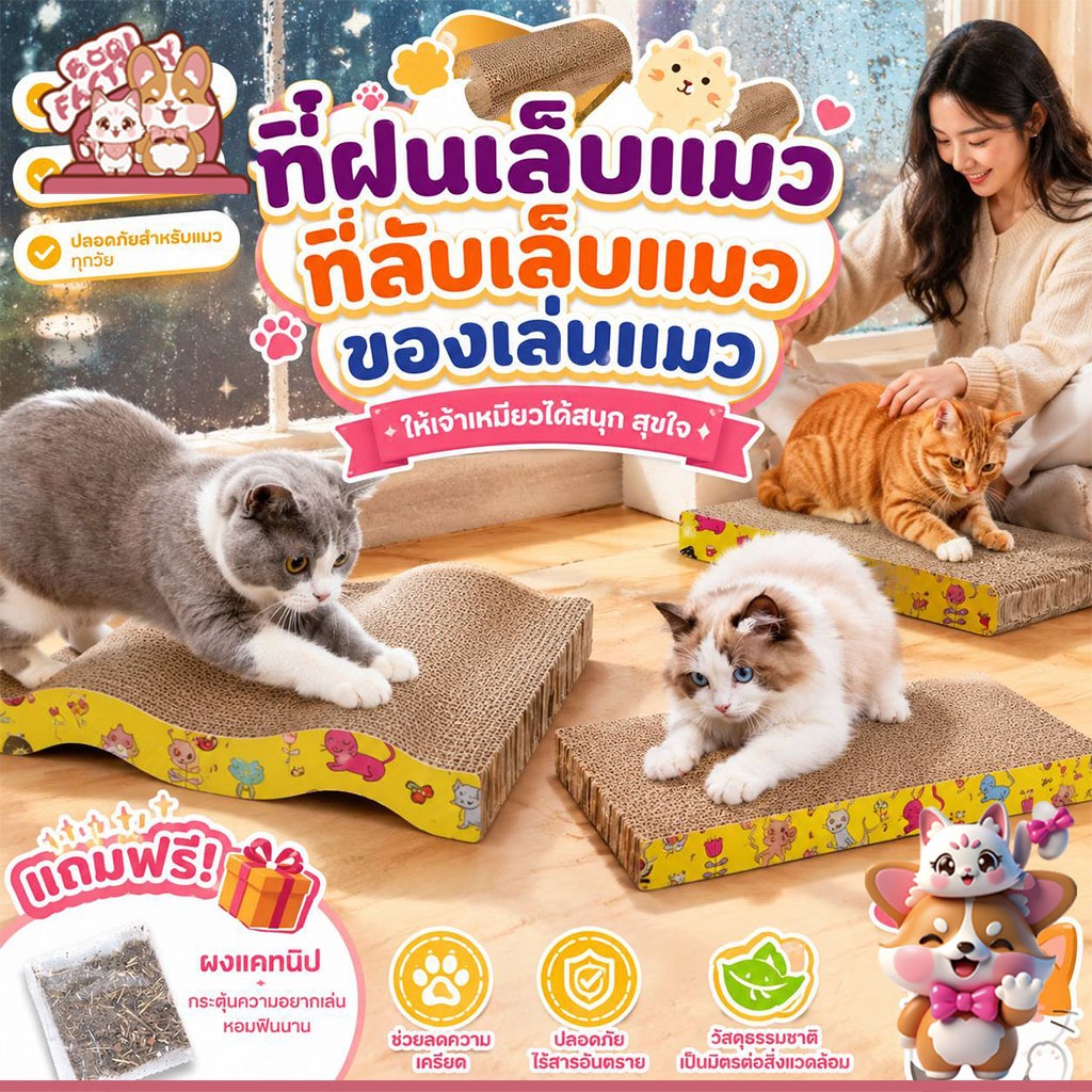Boqi factory ที่ฝนเล็บแมว กระดาษลูกฟูก แบบ ที่ลับเล็บแมว โซฟาที่ลับเล็บแมว 2 ด้าน ที่ลับเล็บ ที่ลับเล็บแมว  Mat JJ