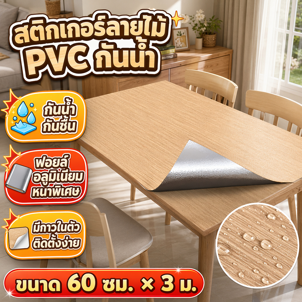 สติ๊กเกอร์ลายไม้ 60x300cm PVC กันน้ำ แบบมีกาวในตัว วอลเปเปอร์ตกแต่งสำหรับตู้เสื้อผ้า ตู้เก็บของ  และแผ่นฟิล์มติดแผ่นไม้