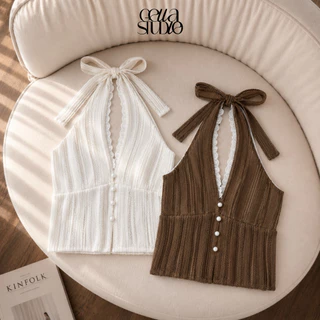 Sammy Top เสื้อคล้องคอผ้าโคเชแต่งขอบลูกไม้กระดุมมุกมีซับใน(ไม่มีฟองน้ำ)