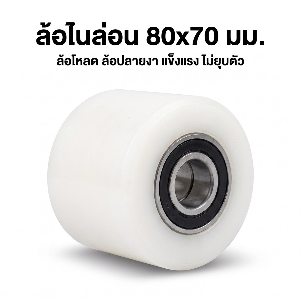 ล้อไนล่อน 80x70mm ล้อโหลด ล้อปลายงา รถแฮนด์ลิฟท์ รถลากพาเลท พร้อมลูกปืน 6204 แข็งแรง ไม่ยุบตัว