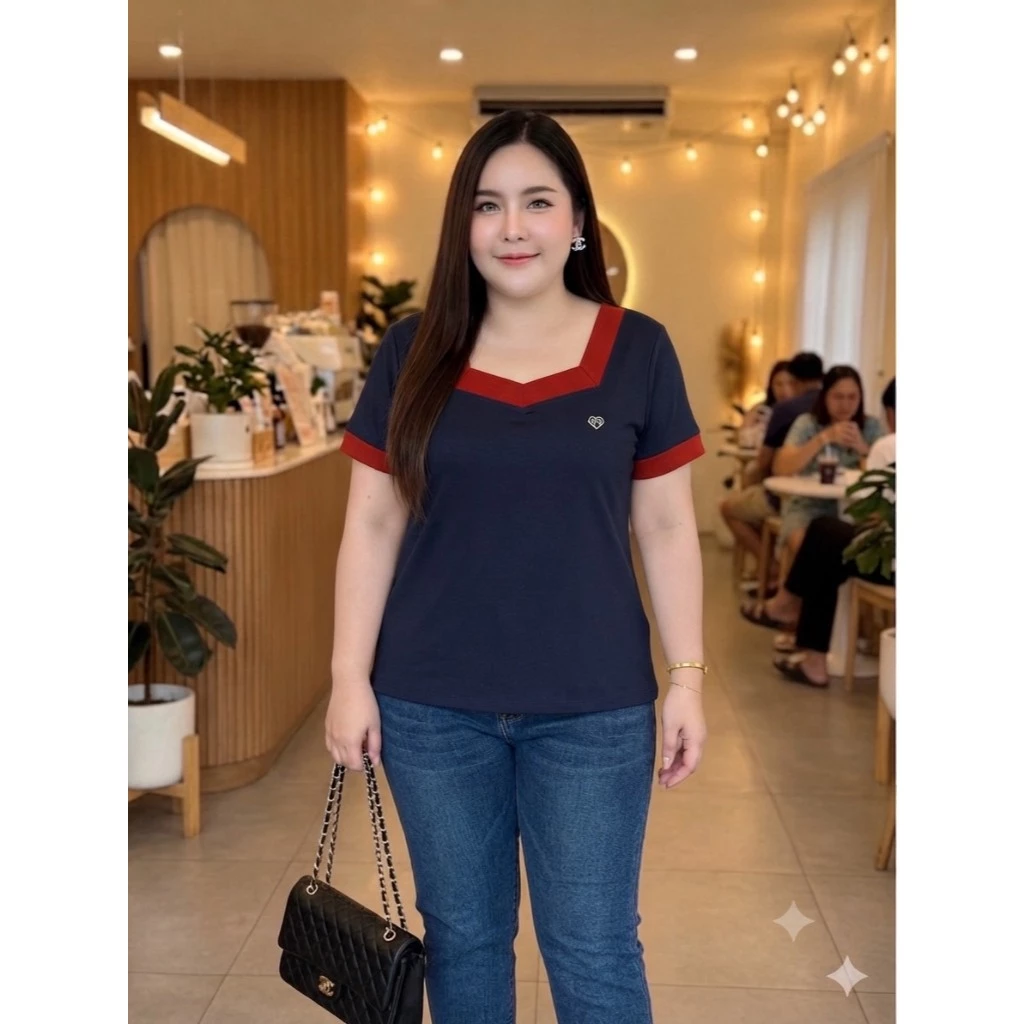 ย 17 เสื้อยืดคอห้าเหลี่ยมเย็บติดเหล็กสำหรับสาวอวบ ผ้าคอตตอนยูนิโคล่า