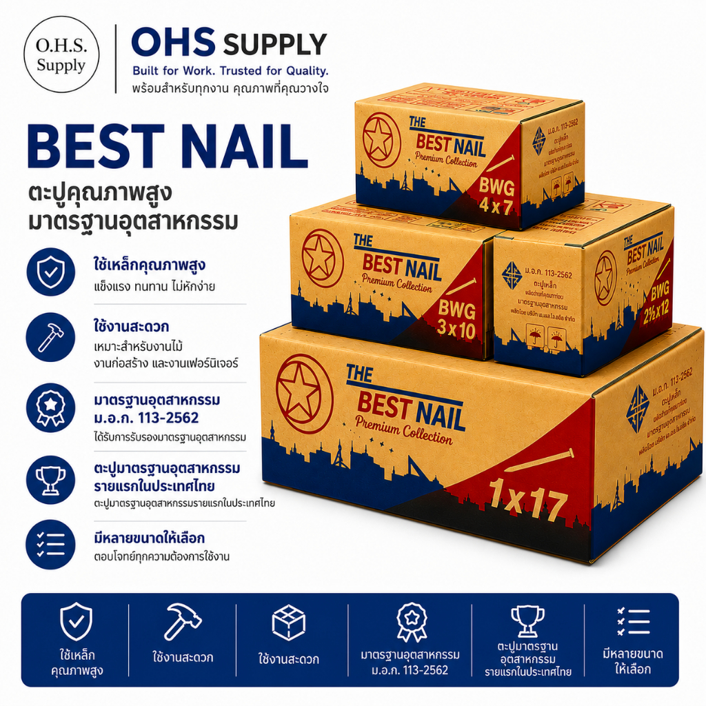 ตะปูตอกไม้ ตรา THE BEST NAIL ตะปูเหล็กคุณภาพ มอก. 113-2562 แข็งแรง ทนทาน สำหรับงานไม้ งานก่อสร้าง มีหลายขนาด [ขายยกลัง]