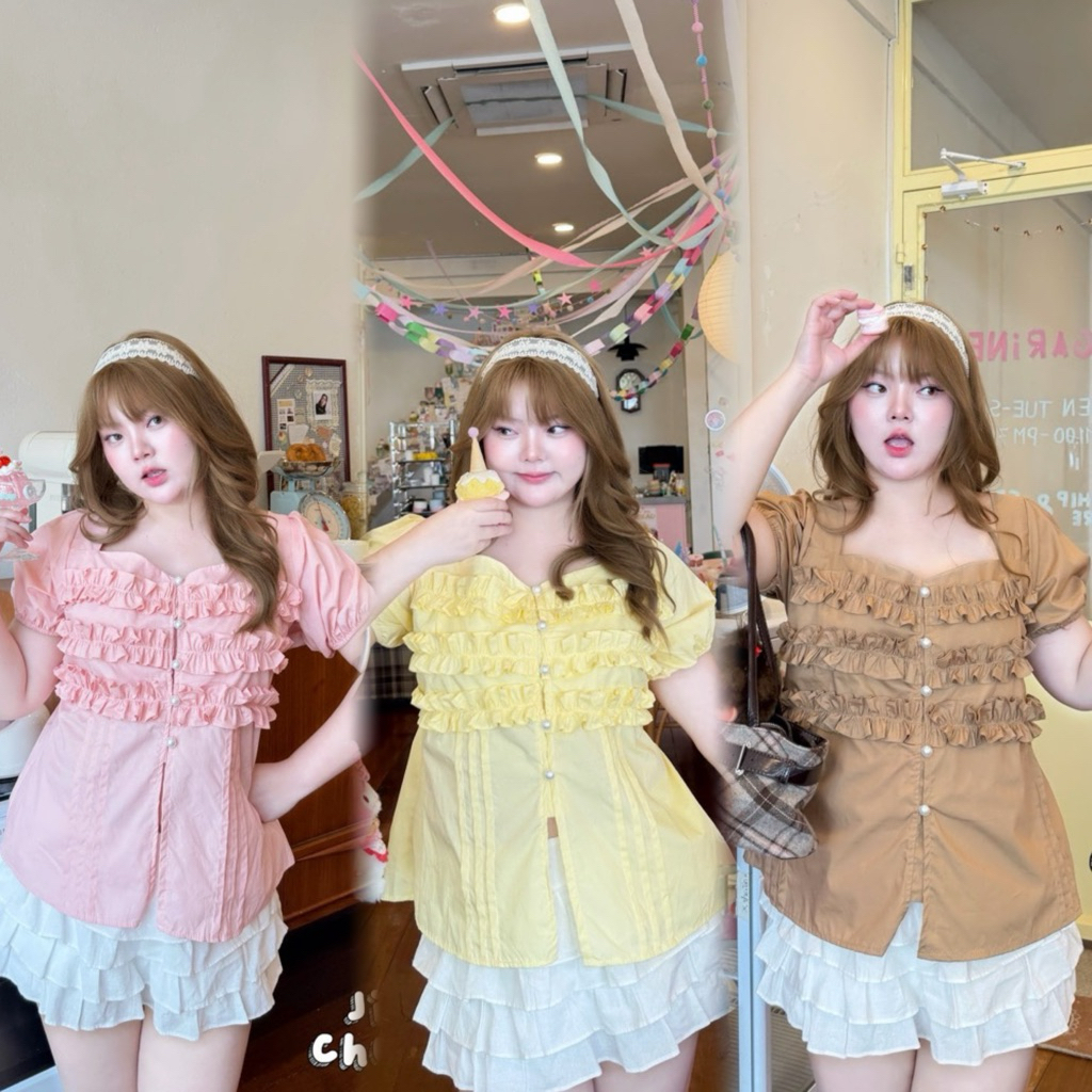 JIRA12001-เสื้อคอแต่งระบายช่วงอก แขนตุ๊กตา ผ้า cotton แท้ 100% งานกระดุมมุขถอดติดใช้งานได้จริง