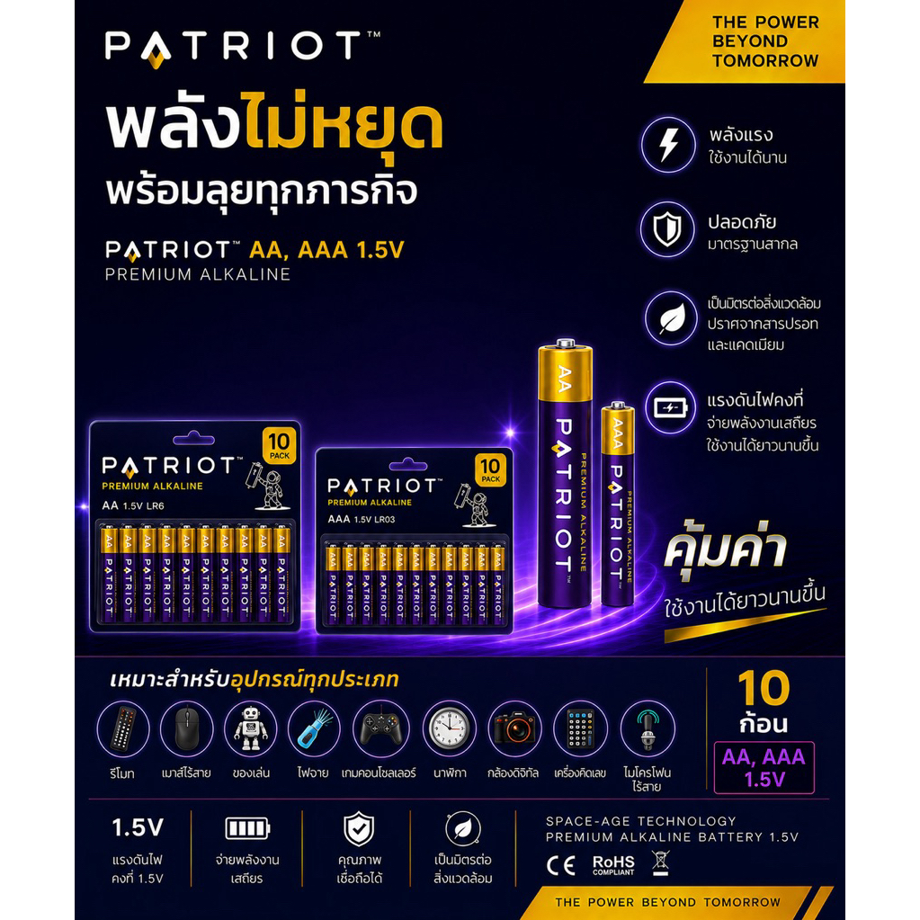 Patriot ถ่าน AA และ AAA แบตเตอรี่ 1.5V (10ก้อน) สำหรับอุปกรณ์ต่างๆ คุณภาพสูง ทนทาน ใช้งานได้ยาวนาน