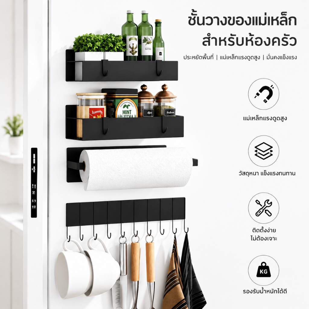 ชั้นวางของตู้เย็นแม่เหล็ก พร้อมตะขอ 2 ตัว ประหยัดพื้นที่ ไม่
