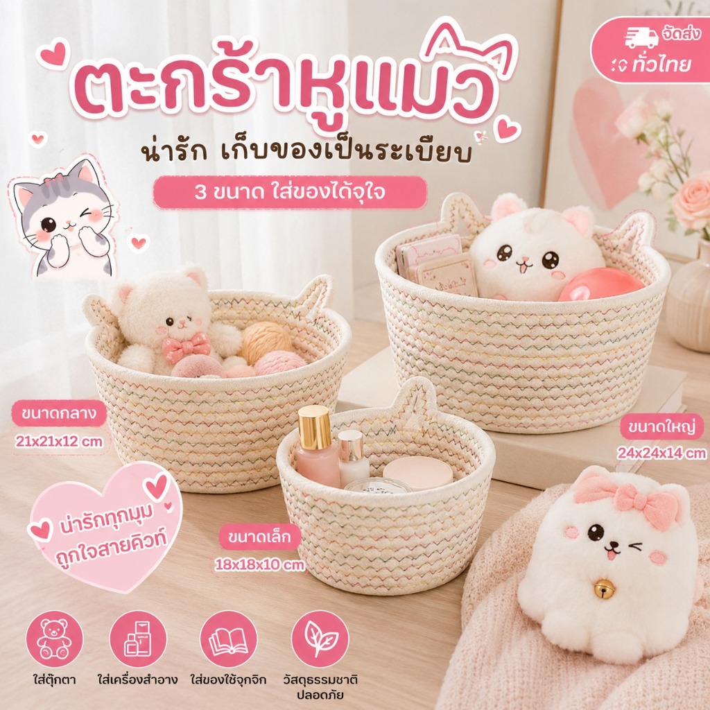 ตะกร้าผ้าฝ้ายถัก ลายหูแมวน่ารัก + วัสดุคุณภาพสูง ทนทาน ซักได้ + จัดเก็บในบ้าน/คอนโด/ออฟฟิศ เคลื่อนย้ายง่าย หลากหลายสี