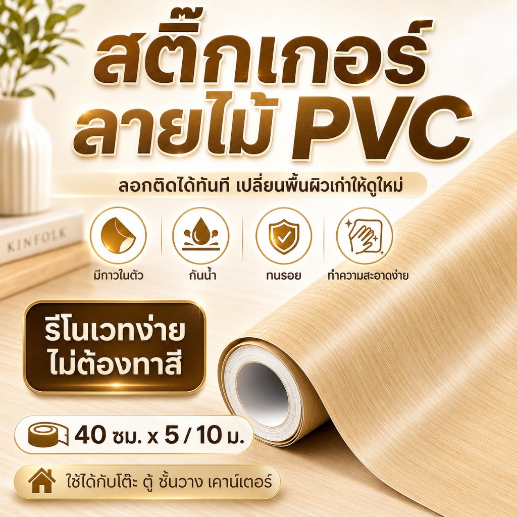สติ๊กเกอร์ลายไม้ วอลเปเปอร์ติดเฟอร์นิเจอร์ ฟิล์มลายไม้กันน้ำ สติ๊กเกอร์ PVC มีกาวในตัว ลอกติดง่าย ติดโต๊ะ ตู้ ประตู ผนัง