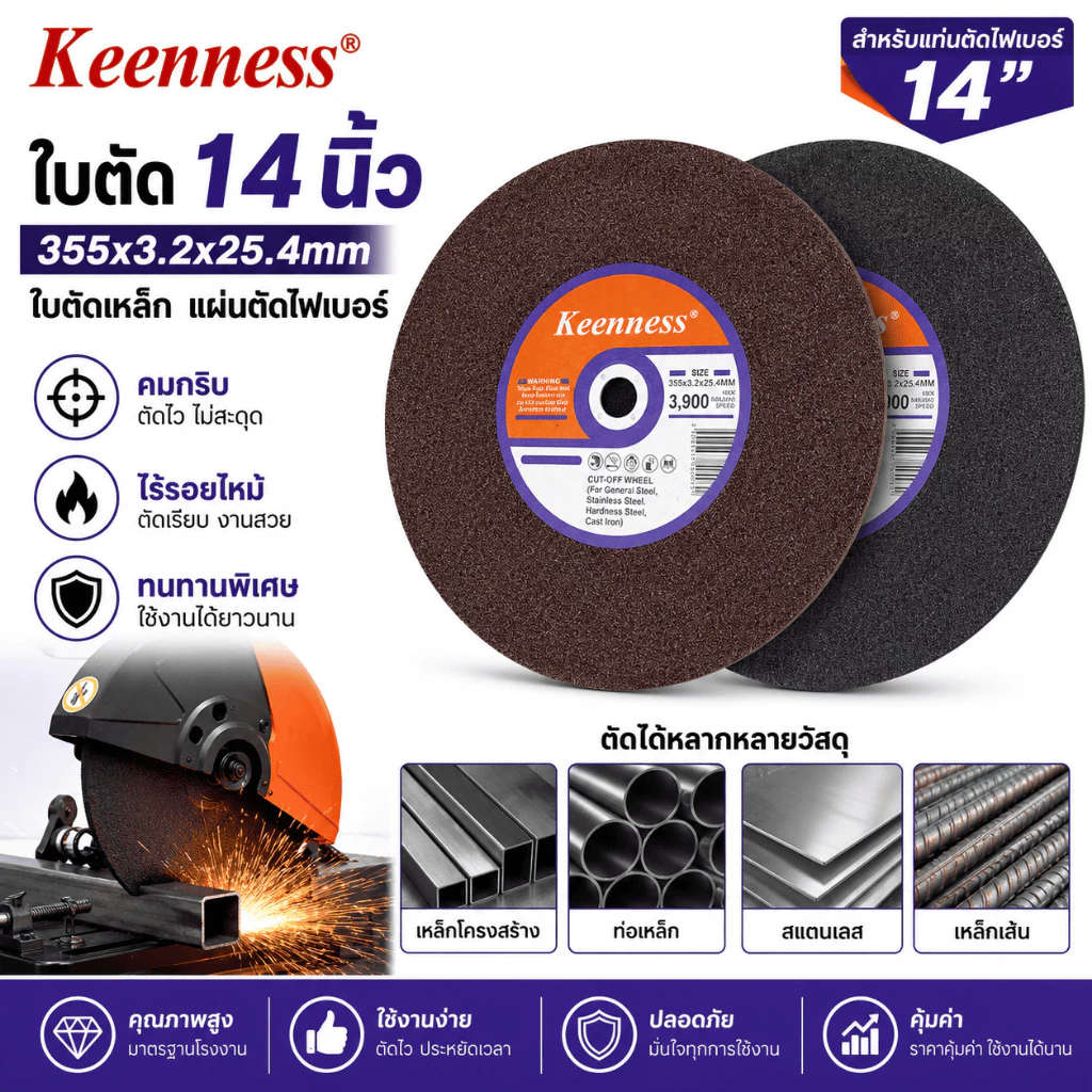 Keenness ใบตัดเหล็ก 14 นิ้ว แผ่นตัดไฟเบอร์ 355mm ตัดเหล็ก สแตนเลส ทนทาน คมกริบ ไร้รอยไหม้