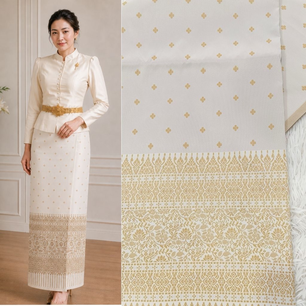 ผ้าไหมยกดอกลายไทย สีขาวงาช้าง ผ้าถุง ผ้าตัดชุดไทย ขนาด 2 หลา 4 หลา