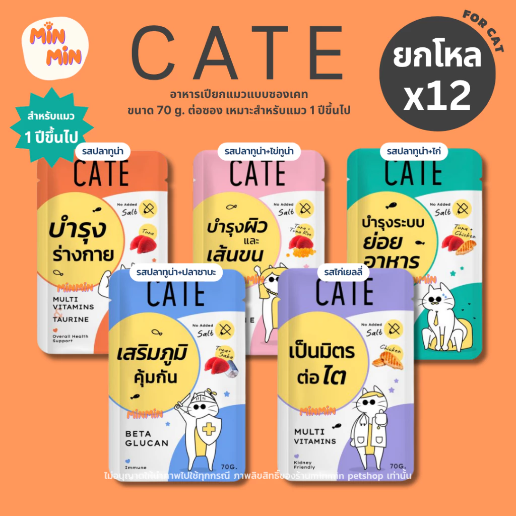 CATE อาหารเปียกแมว [ยกโหล 12 ชิ้น ] ขนาด 70กรัมต่อซอง เปียกน้องแมวบำรุงสุขภาพ
