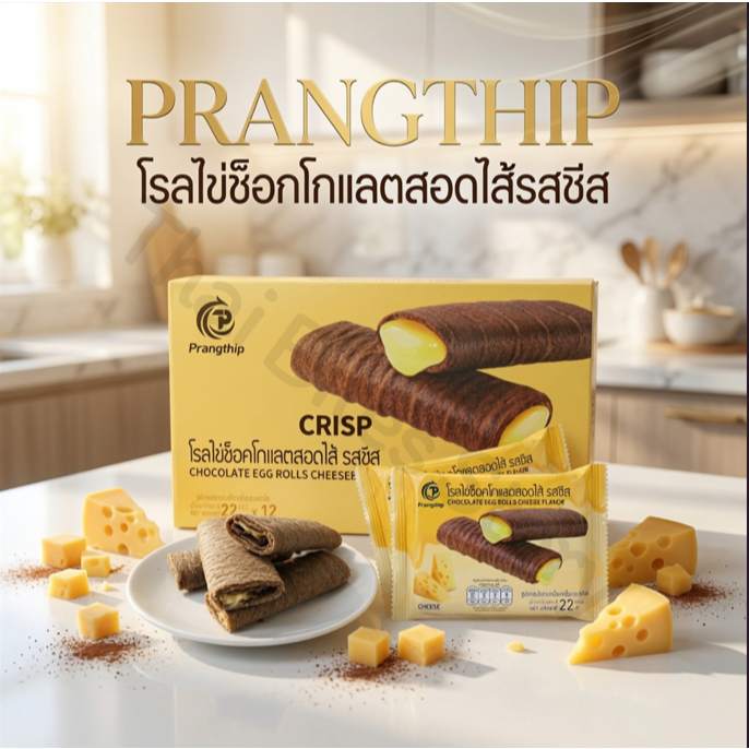 โรลไข่ช็อกโกแลตสอดไส้รสชีส แบรนด์ ปรางทิพย์ (1 กล่อง บรรจุ 12 ชิ้น )  ขนมสุดฮิต หอมช็อกโกแลตเข้มข้น สอดไส้ชีสเยิ้มๆ