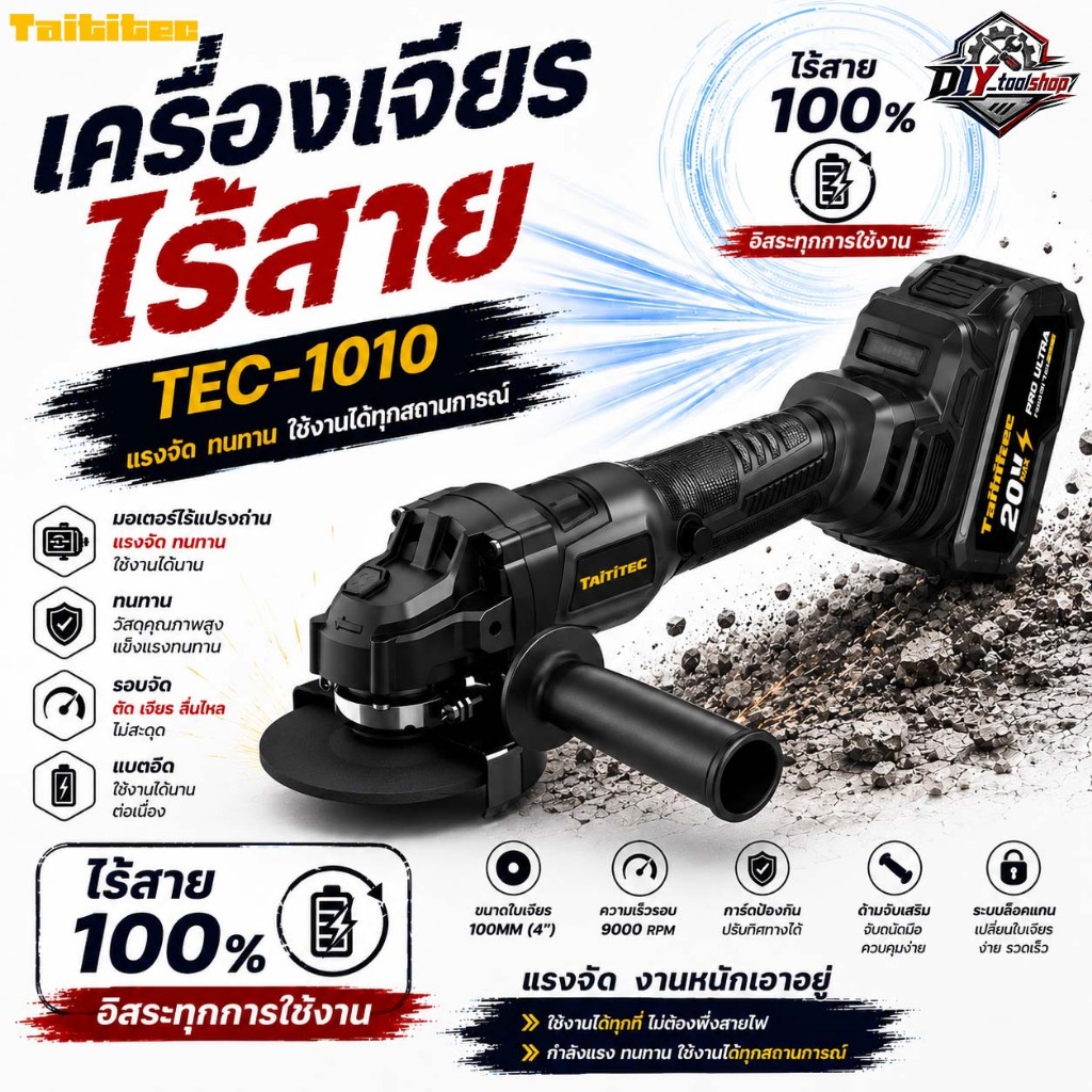 [TEC-1010] TAITITEC เครื่องเจียรไร้สาย 4 นิ้ว 20V ลูกหมู 9000RPM ตัด เจียร ขัด มอเตอร์ Brushless