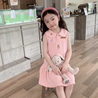 PRINCESS KESLI สไตล์เกาหลี ชุดเดรสเด็กผู้หญิง งานปักลายการ์ตูนน่ารัก ปกคอระบาย แขนกุด ชุดเจ้าหญิงเด็กผู้หญิง 2-12ปี