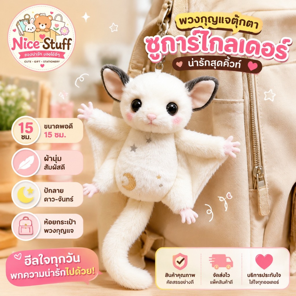 พวงกุญแจตุ๊กตาน่ารัก ชูการ์ไกลเดอร์ 15ซม. ห้อยกระเป๋า สายคิ้วท์ ผ้านุ่ม ไม่หลุดขน ของขวัญสุดฮิต