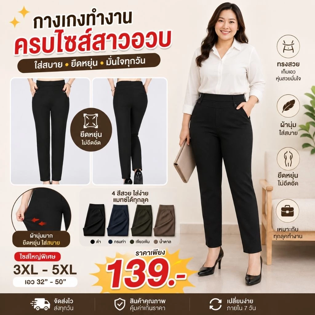 👍พร้อมส่ง กางเกงใส่ทำงาน (ไม่ต้องรีด) ​สีดำขายาวผู้หญิงสาวอวบอ้วน กางเกงผ้ายืดเกาหลีผ้าหนานุ่ม เอว40สะโพก48 ใส่ได้