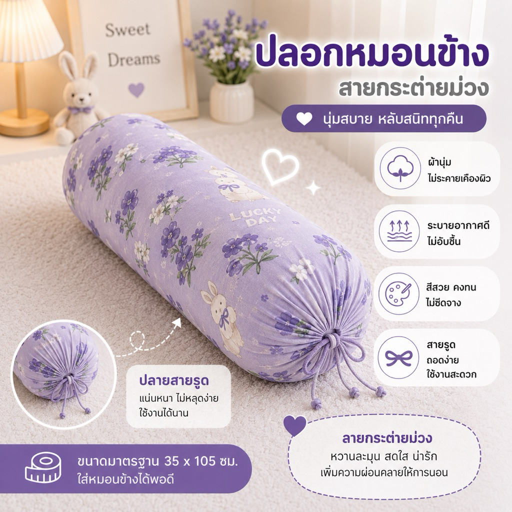 ปลอกหมอนข้าง 1ใบ ขนาด 35*105 ซม.  สีไม่ตก ไม่เป็นขุย ระบายอากาศได้ดี นอนนุ่มสบาย สินค้าพร้อมส่ง