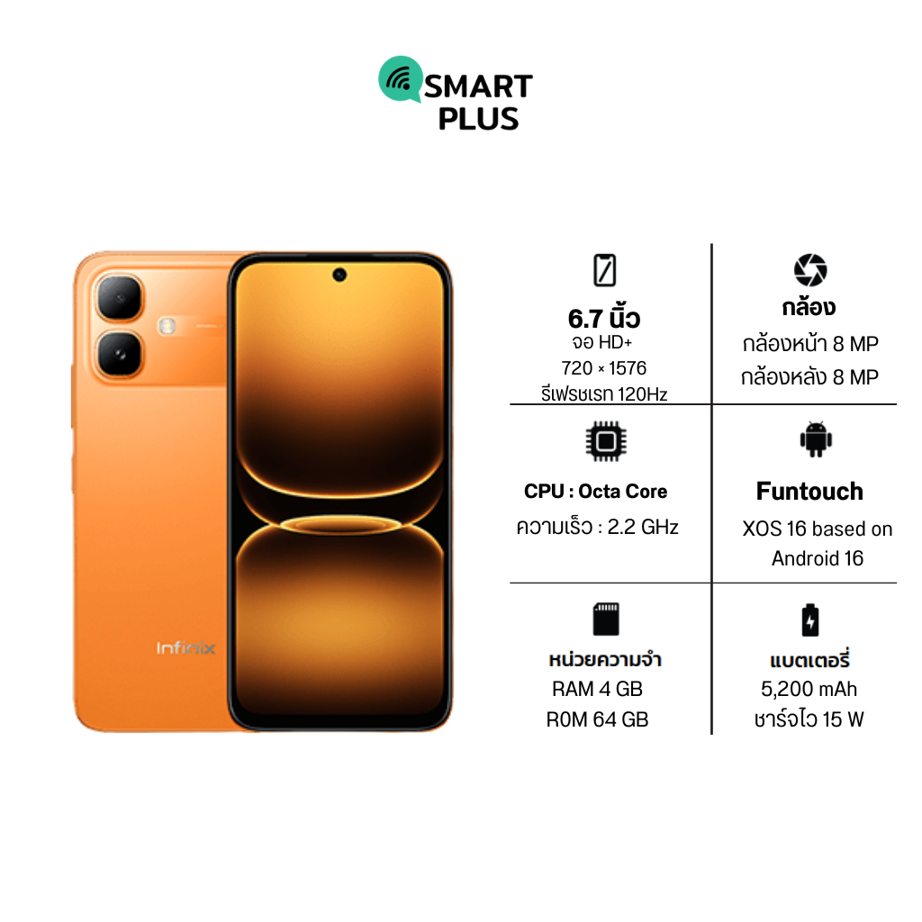 Infinix Smart 20 (4/64) ประกันศูนย์ 1 ปี [ หน้าจอ 6.7 นิ้ว แบต 5200mAh ] (smartplus)