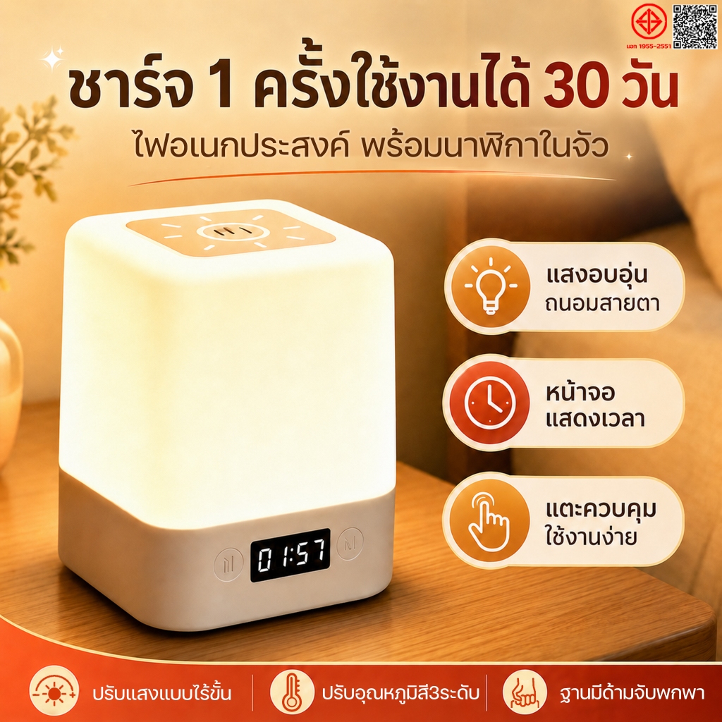 ✨แสงนุ่มถนอมตา✨โคมไฟ โคมไฟหัวเตียง ไฟหัวเตียง อุณหภูมิสีได้ 3ระดับ แสดงเวลา ควบคุมแบบเงียบ สวิตช์สัมผัส ฐานมีด้ามจับพกพา