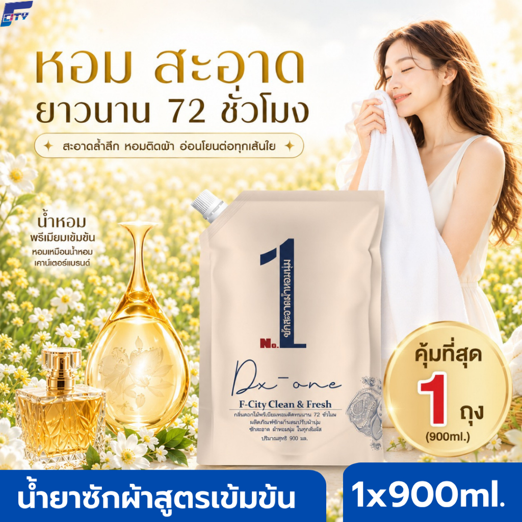 น้ำยาซักผ้า F-City  สูตร 2in1 ซัก+ปรับผ้านุ่ม 1 ถุง【900ml】ซักสะอาด ผ้านุ่มหอม ลดกลิ่นอับ หอมนาน 72ชม. คุ้มค่าคุ้มราคา