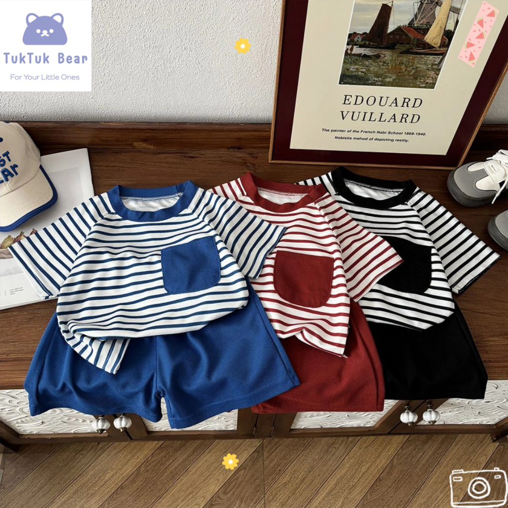 ชุดลายทางเด็ก ชุดเสื้อคอกลมเด็ก เอวยางยืด แฟชั่น เหมาะกับอากาศร้อนๆ ใส่เล่น