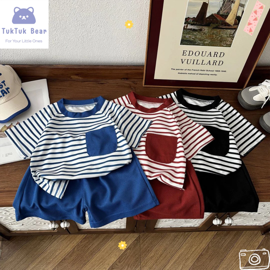 ชุดลายทางเด็ก ชุดเสื้อคอกลมเด็ก เอวยางยืด แฟชั่น เหมาะกับอากาศร้อนๆ ใส่เล่น