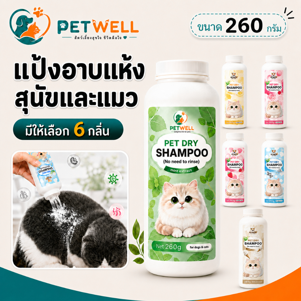แป้งอาบน้ำแห้ง PETWELL แป้งอาบน้ําแมว กำจัดหมัดและเห็บ พลังการทำความสะอาดที่แข็งแกร่ง