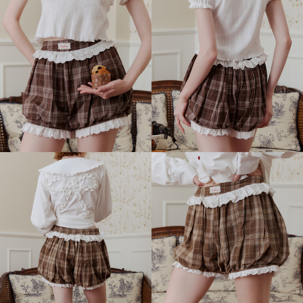 Nineties Design : Letter Short Pants กางเกงขาสั้นลายสก็อต ทรงบอลลูน รุ่น Brownies