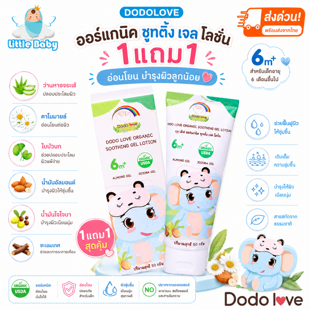 [ส่งด่วน] DoDolove ออร์แกนิค ซูทติ้ง เจลโลชั่น 1แถม1 ลดอาการคัน ผดผื่นผ้าอ้อม ผื่นความร้อน คราบน้ำนม อ่อนโยน