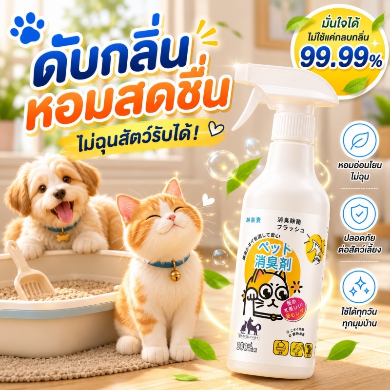 500ml สเปรย์ดับกลิ่นฉี่แมว สเปรย์ดับกลิ่นสัตว์เลี้ยง ลดกลิ่นอับ ใช้กับทรายแมวและสุนัข