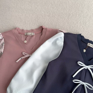 Glucoat | [A767/A798] เสื้อยืดแขนยาวแต่งลาย คอวีขอบหยัก โบว์แต่งสำเร็จตรงกลาง
