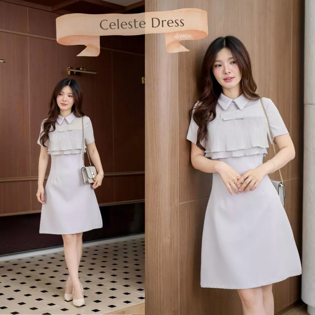 "Romi"Oil" Celeste Dress (Gray) K408 ชุดเดรสสีเทา (ระบายด้านหน้าแต่งโบว์)