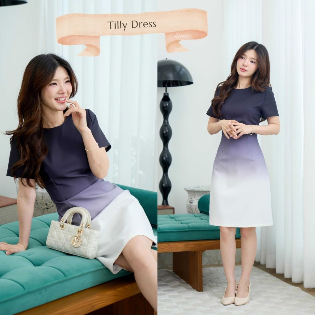 "Romi"Oil" Tilly Dress (Black-White) K398 ชุดเดรสสีดำ-ขาว (ทูโทนไล่สี)