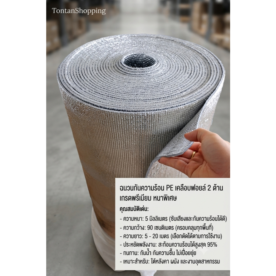 ฉนวนพีอีเคลือบฟอยล์2ด้าน.หนา5mm×กว้าง90cm×ยาว5-20m.Insulations PE + Foil 2sides 5mm.×90cm×5-20m
