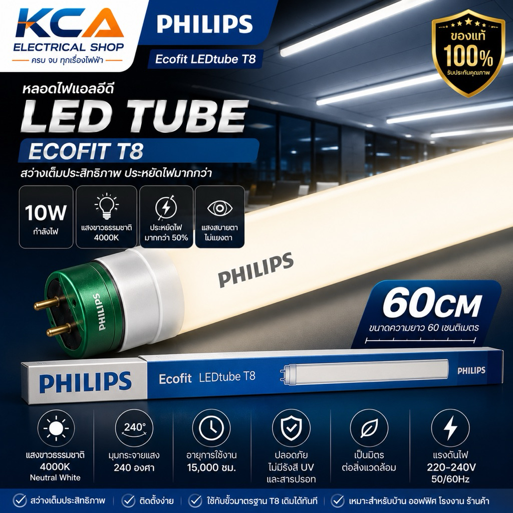 PHILIPS หลอดไฟ EcoFit LED tube T8 10w PHILIPS ขั้วเขียว แสง COOL WHITE 4000K หลอดสั้น