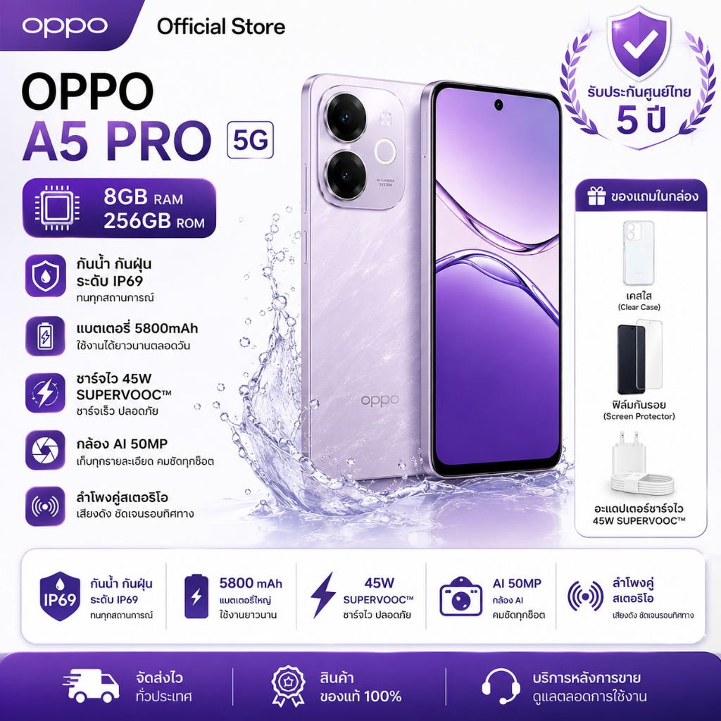 ข้อเสนอพิเศษ🔥A5 Pro 8GB+256GB | Snapdragon 6s 4G Gen1 | แบตเตอรี่ 5800mAh | ชาร์จไว 45W SUPERVOOC | จอ 90Hz