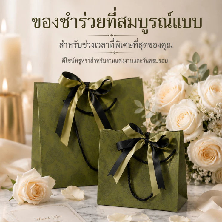 พร้อมส่ง ถุงของขวัญสีเขียววินเทจ หรูหราพร้อมริบบิ้นทูโทน ถุงกระดาษหนาพิเศษ มี 4 ขนาด S-XL เขียวใบตอง ชาไทย ลายเรียบหรู