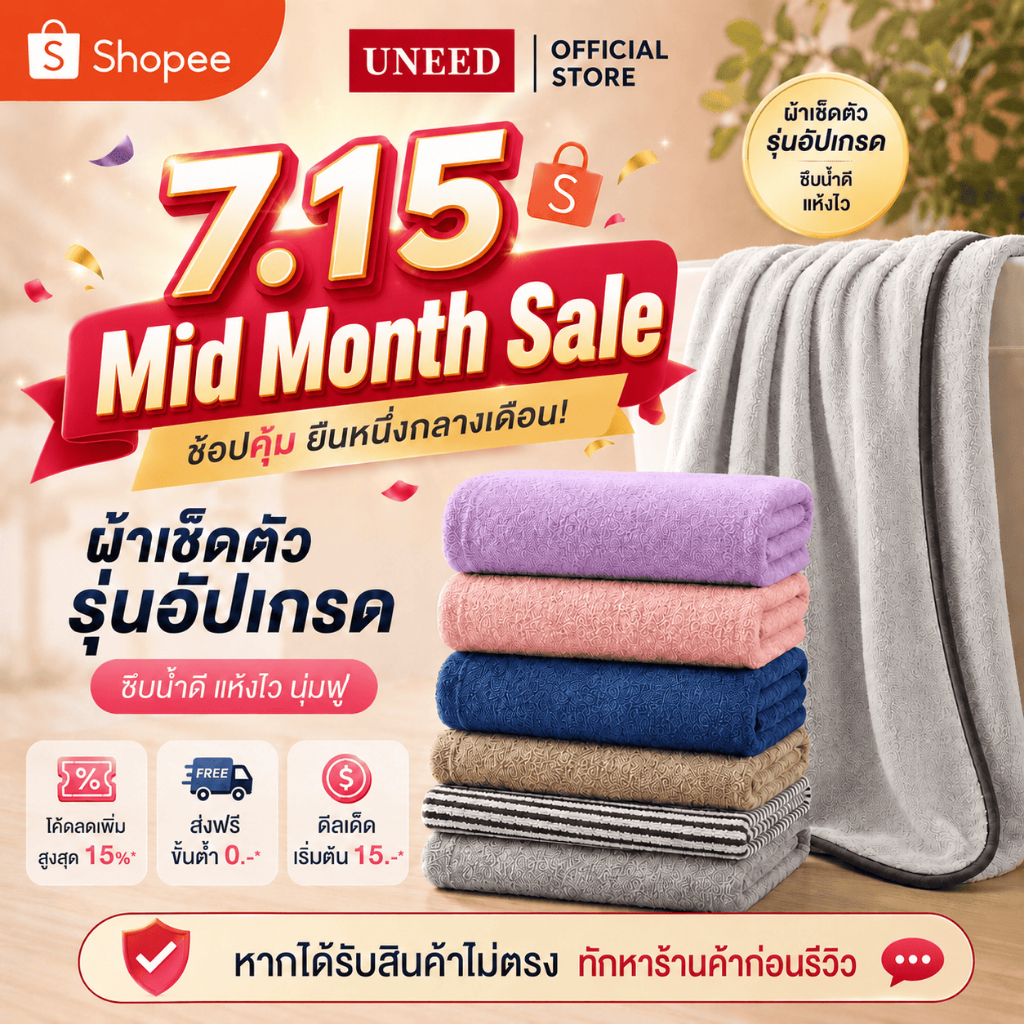 【UNEED】ผ้าเช็ดตัวแท้คอตตอน แห้งเร็ว ซับน้ำดี มี 3 ขนาด 40x80 | 70x140 | 90x160 ซม มีสินค้าพร้อมส่ง มีหลายสีให้เลือก