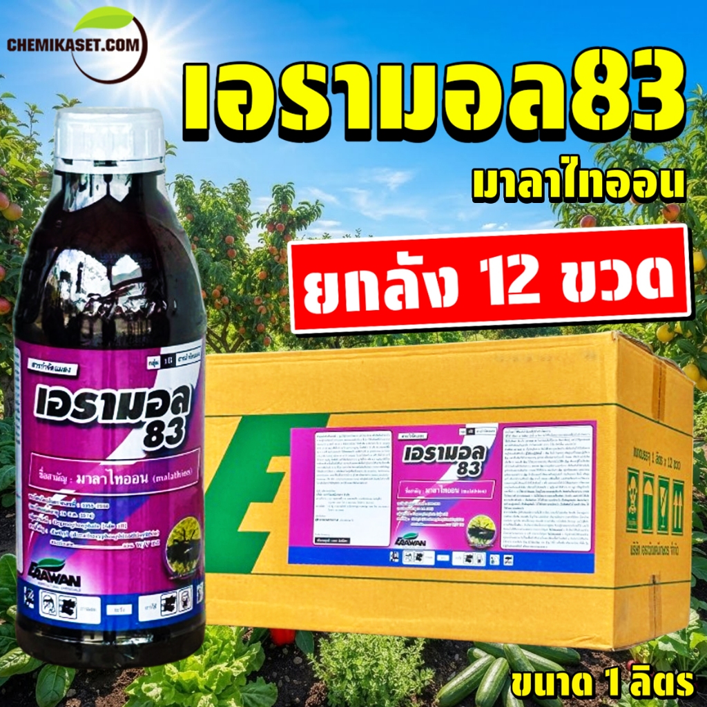 (ยกลัง12ขวด) เอรามอล 83 มาลาไธออน ขนาด 1 ลิตร เอราวัณ กำจัดแมลงศัตรูพืช ออกฤทธิ์ถูกตัวตายและกินตาย