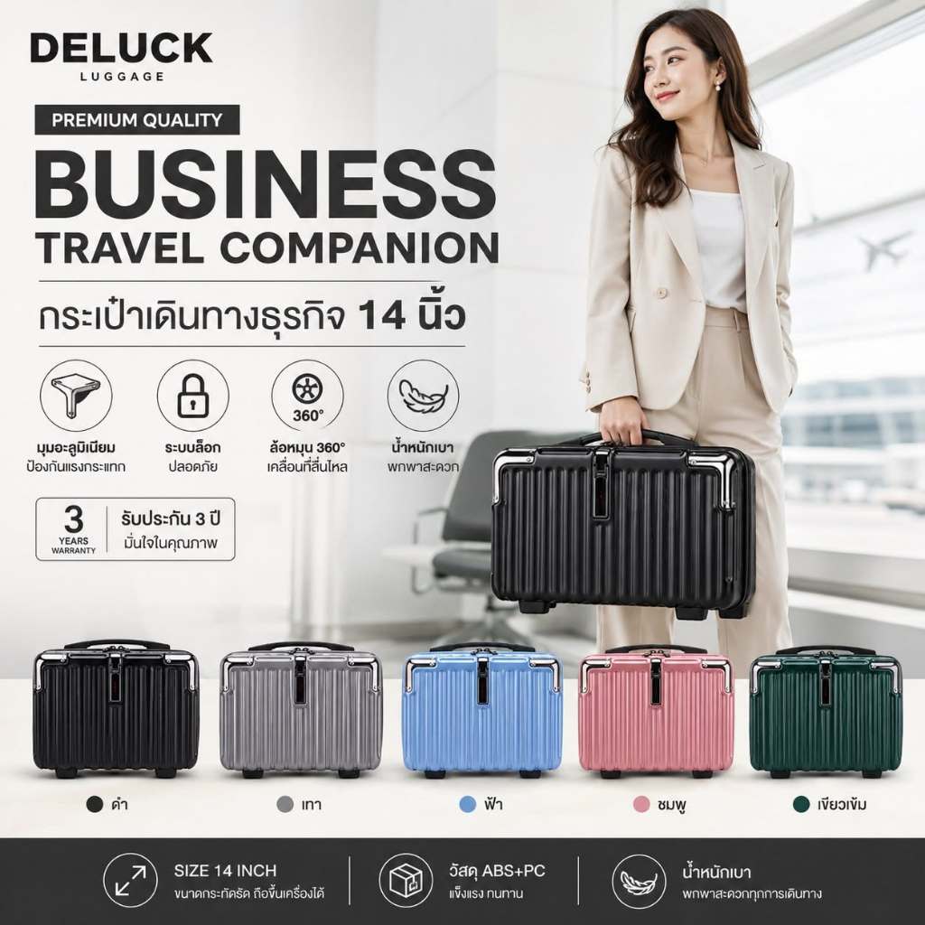 กระเป๋าเดินทาง 14 นิ้ว กระเป๋าธุรกิจ Carry On ABS+PC ล้อ 360° น้ำหนักเบา ถือขึ้นเครื่องได้ รับประกัน 3 ปี