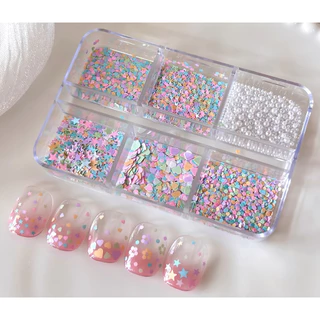 กลิตเตอร์กล่อง 6ช่อง เครื่องประดับเล็บลายดอกดาวห้าเหลี่ยม