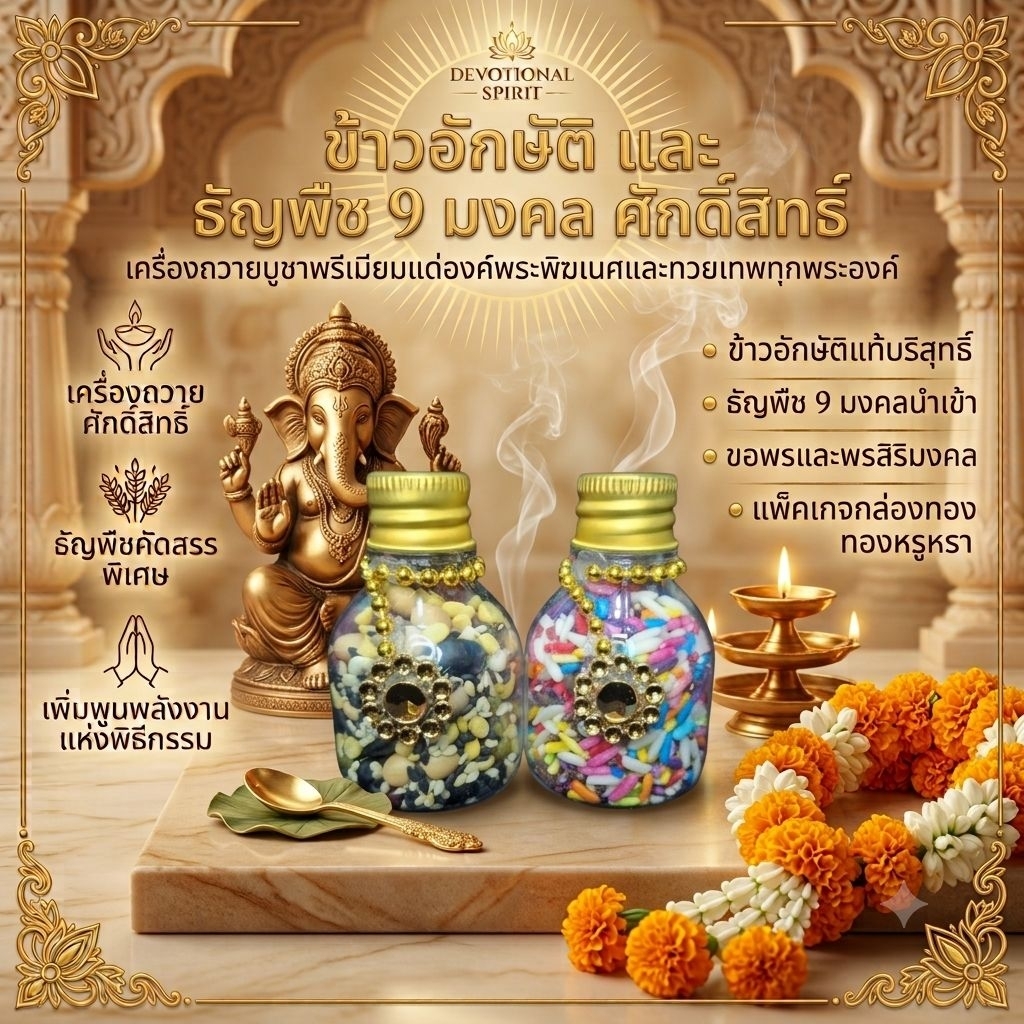 ชุดข้าวอักษัตและธัญพืช 9 มงคล พรีเมียม | เครื่องถวายบูชาพระพิฆเนศและเทพทุกพระองค์