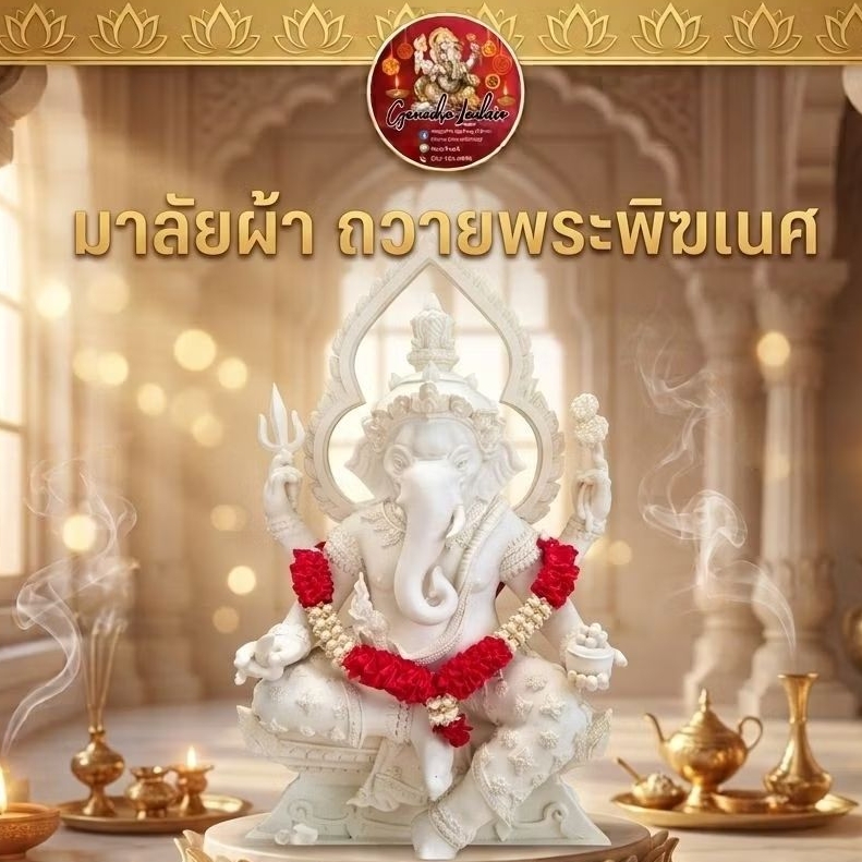 มาลัยผ้าประดับมุก ถวายพระพิฆเนศ | มาลัยมงคล Handmade พรีเมียม