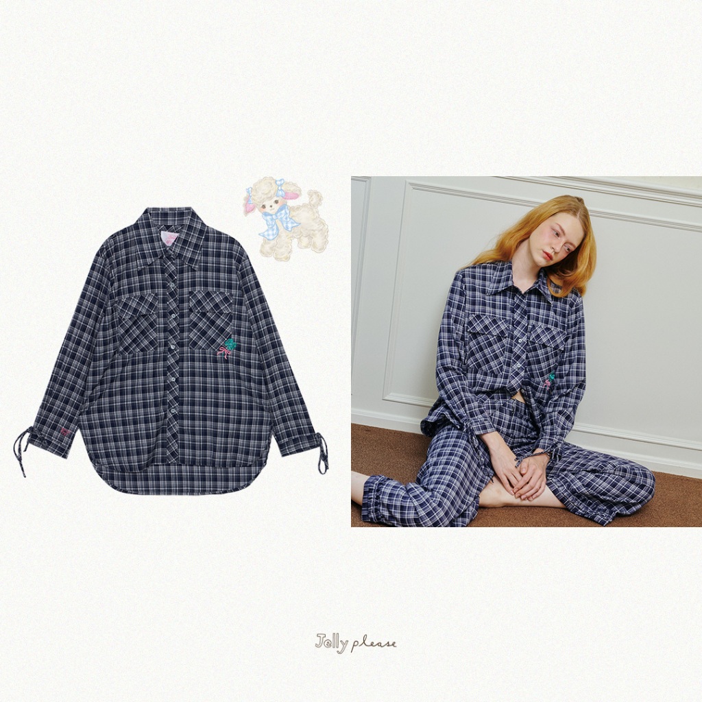 JELLYPLEASE (Dreamy Disc) - KIRA shirt | navy plaid with ribbon cuffs