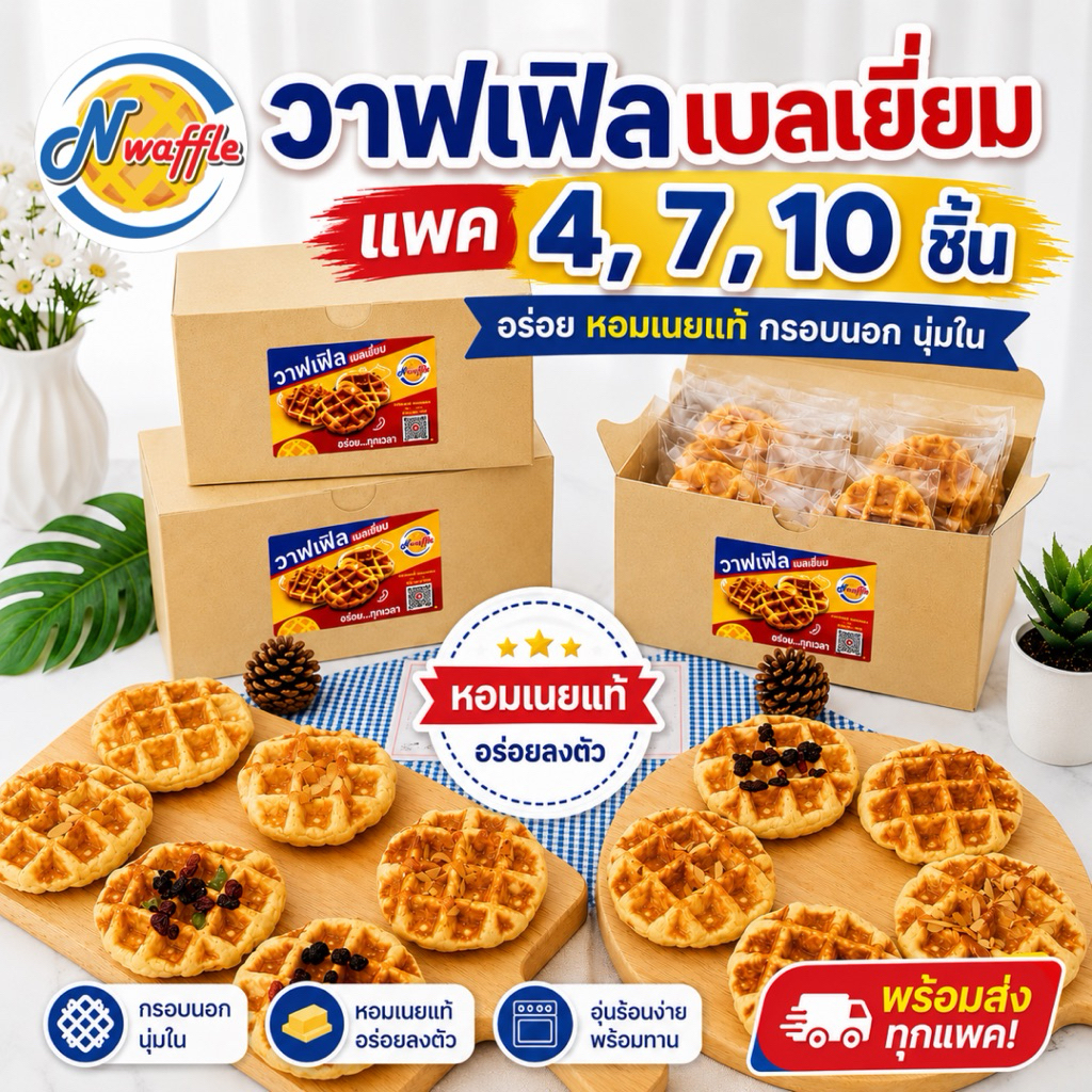 N Waffle ขนมวาฟเฟิลเบลเยี่ยมพร้อมทาน แพค 4, 7, 10 ชิ้น เนื้อนุ่ม หอมเนยแท้ ผลิตสดใหม่ตามออเดอร์