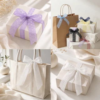 🎀 ริบบิ้น R6 (Sheer Grid Ribbon) ริบบิ้นซีทรูลายตาราง เนื้อผ้าโปร่ง สำหรับโบว์ ของขวัญ งาน DIY